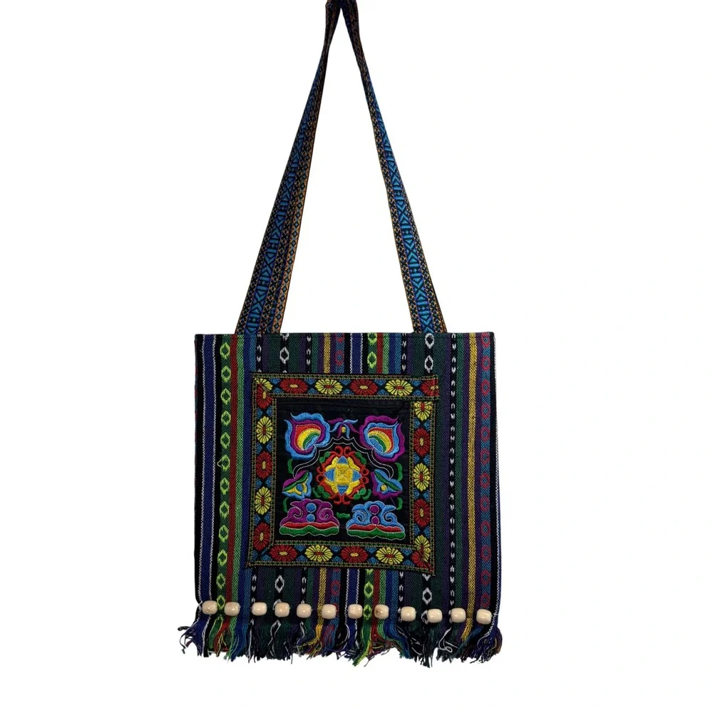 Boho Embroidered Woven Tote Bag Multi-Color‎ Striped Fringe Wooden Beads Artisan