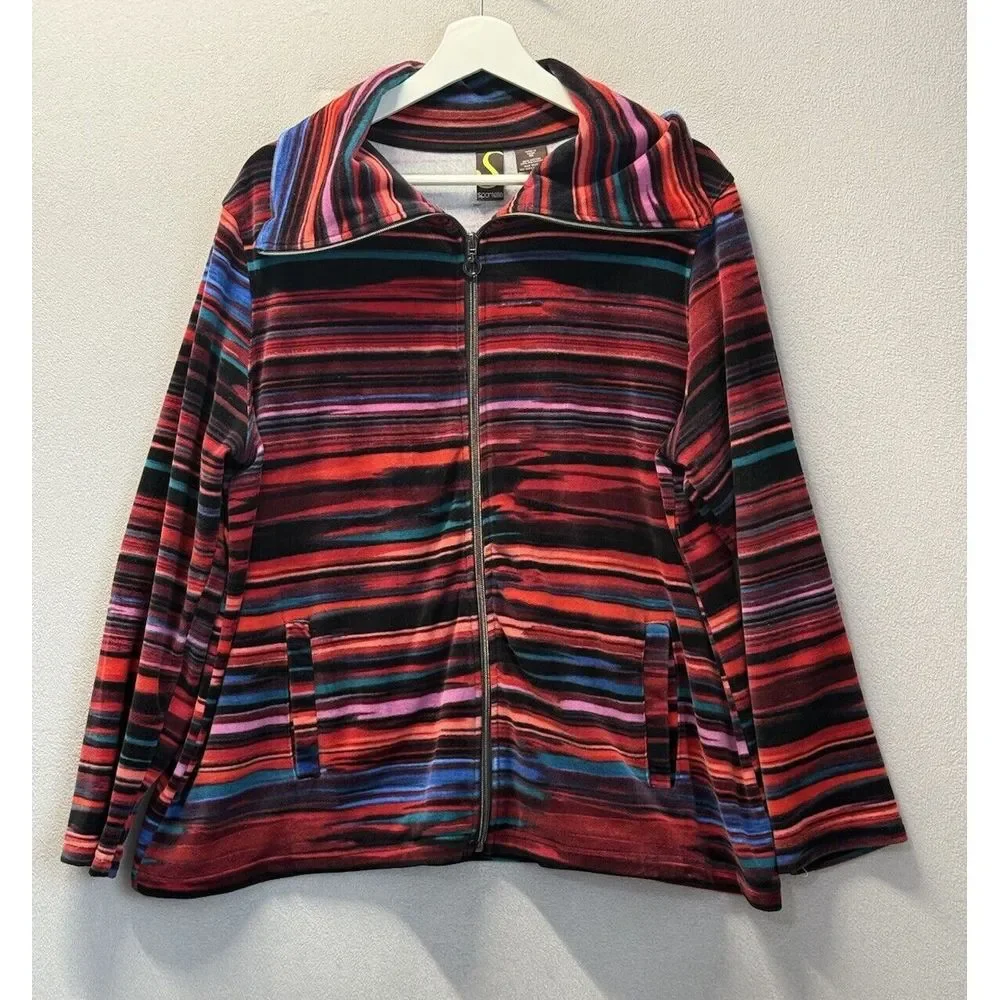 Sportelle Women's Plus Sz 1X Multicolor Rainbow Zip Up Long Sleeve Jacket Pocket