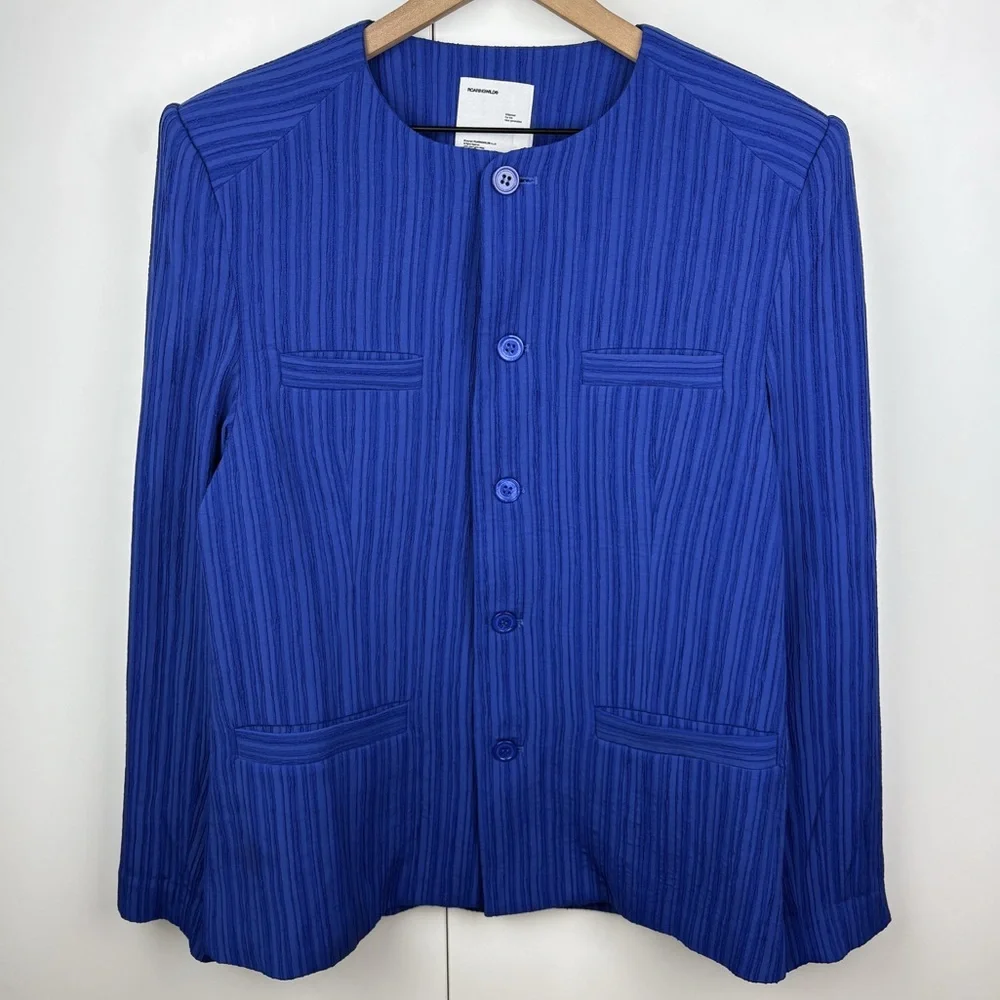 ROARINGWILD Pleated Plisse Textured Cobalt Blue Button Front Jacket Streetwear