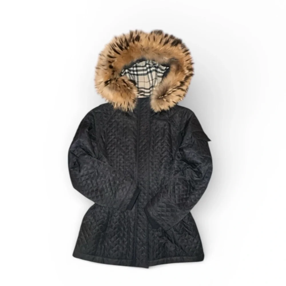 Authentic Burberry Black Quilted Raccoon Fur Hood Cinch Waist Jacket Small‎