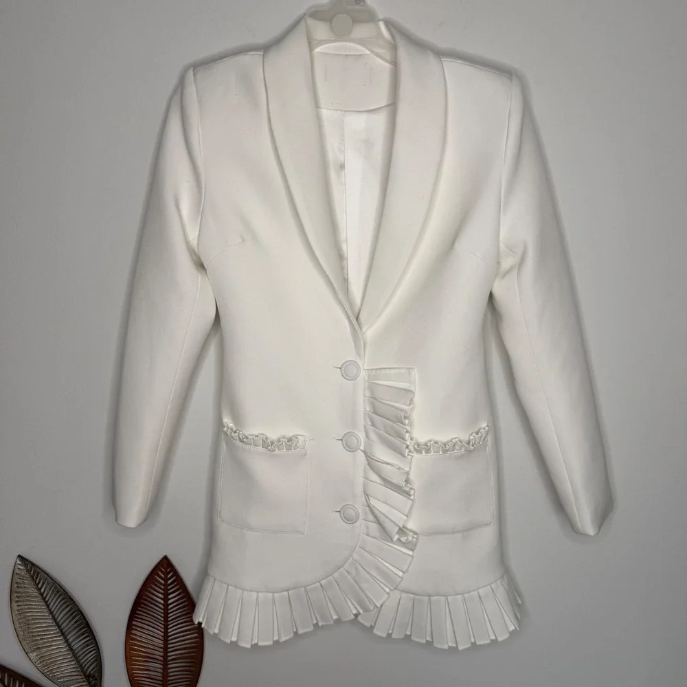 M13 White Ruffle‎ Trim Blazer Dress Shawl Collar Long Sleeve Pleated Mini Jacket