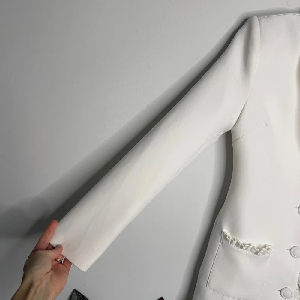 M13 White Ruffle‎ Trim Blazer Dress Shawl Collar Long Sleeve Pleated Mini Jacket