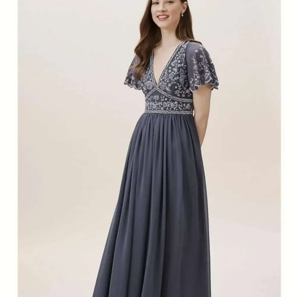 NWOT Anthropologie BHLDN Gray Fresna Short Sleeve V-Neck‎ Beaded Maxi Dress 8