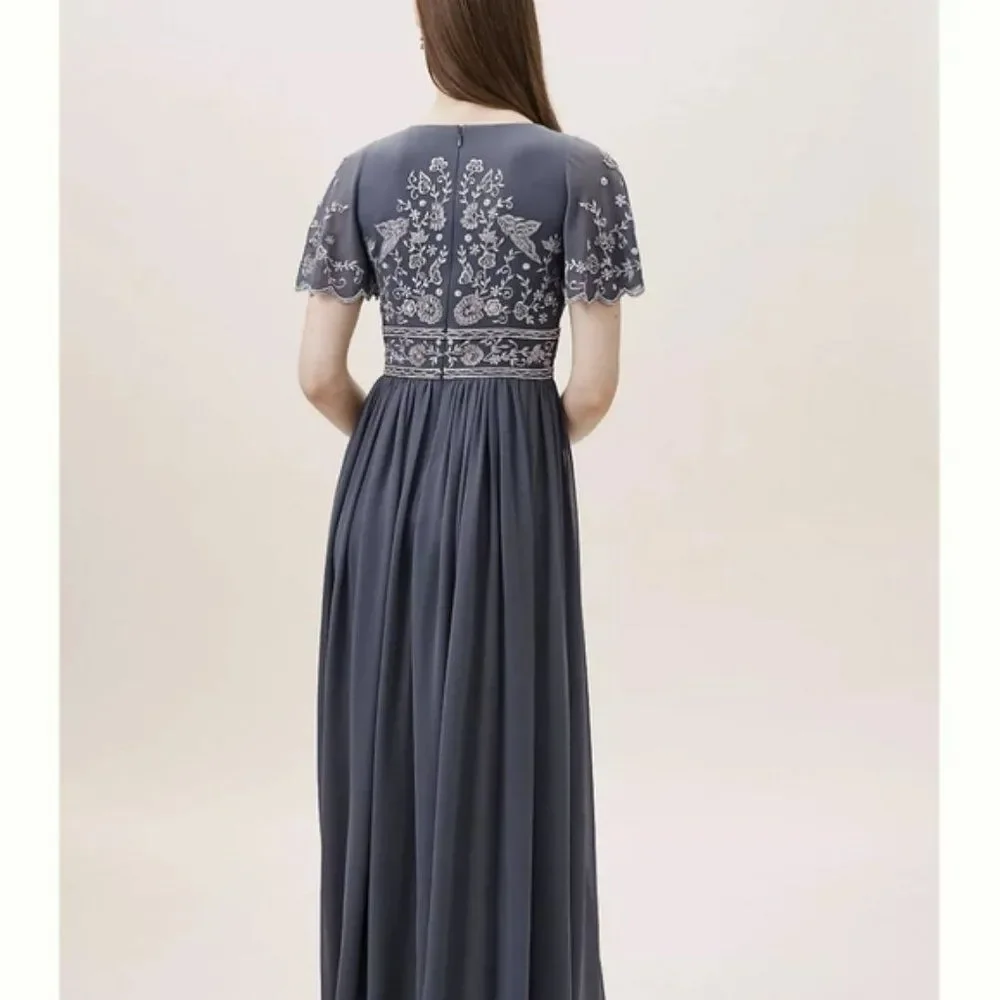 NWOT Anthropologie BHLDN Gray Fresna Short Sleeve V-Neck‎ Beaded Maxi Dress 8