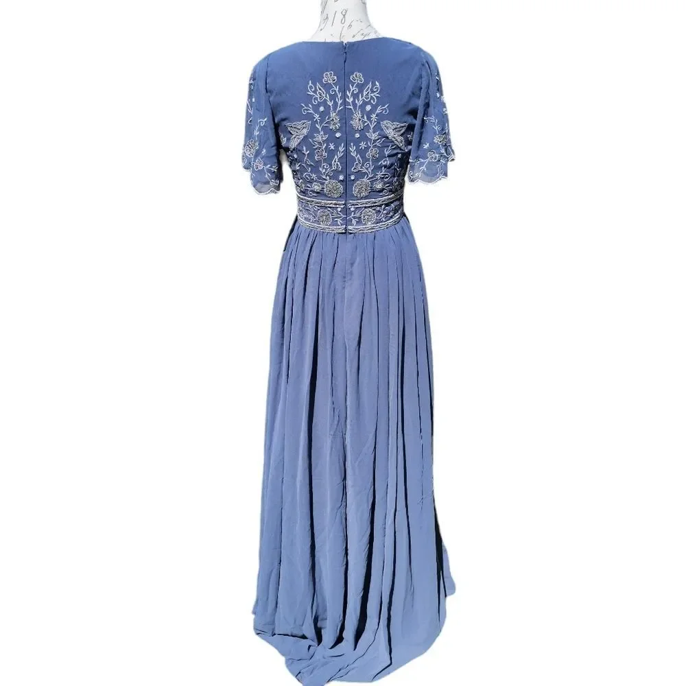NWOT Anthropologie BHLDN Gray Fresna Short Sleeve V-Neck‎ Beaded Maxi Dress 8