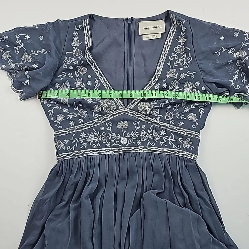 NWOT Anthropologie BHLDN Gray Fresna Short Sleeve V-Neck‎ Beaded Maxi Dress 8