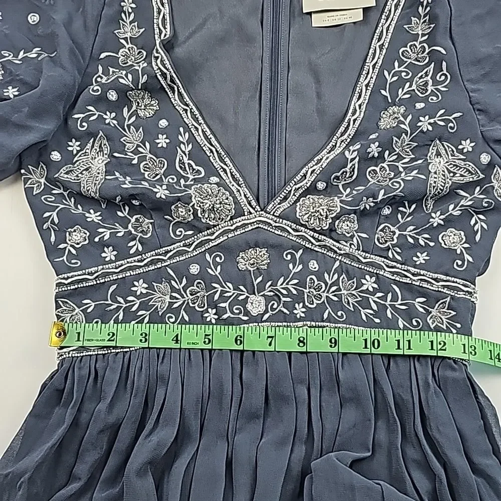 NWOT Anthropologie BHLDN Gray Fresna Short Sleeve V-Neck‎ Beaded Maxi Dress 8