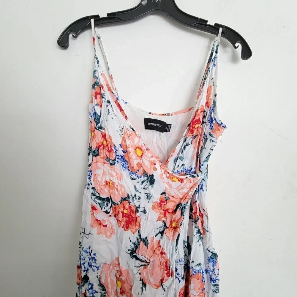 MinkPink White Little Blooms Floral Semi Wrap V Neck Maxi Slit Sun Dress Medium