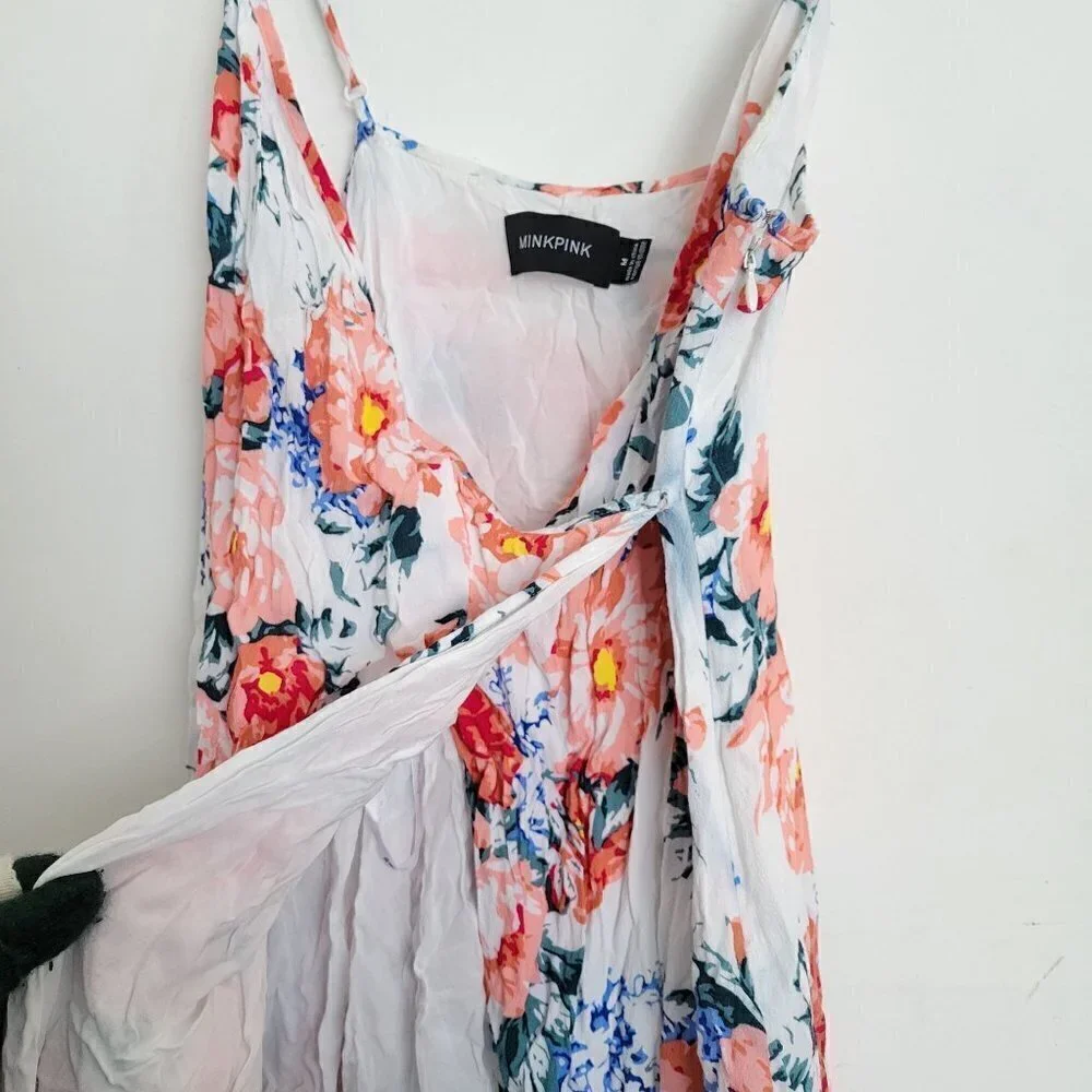 MinkPink White Little Blooms Floral Semi Wrap V Neck Maxi Slit Sun Dress Medium