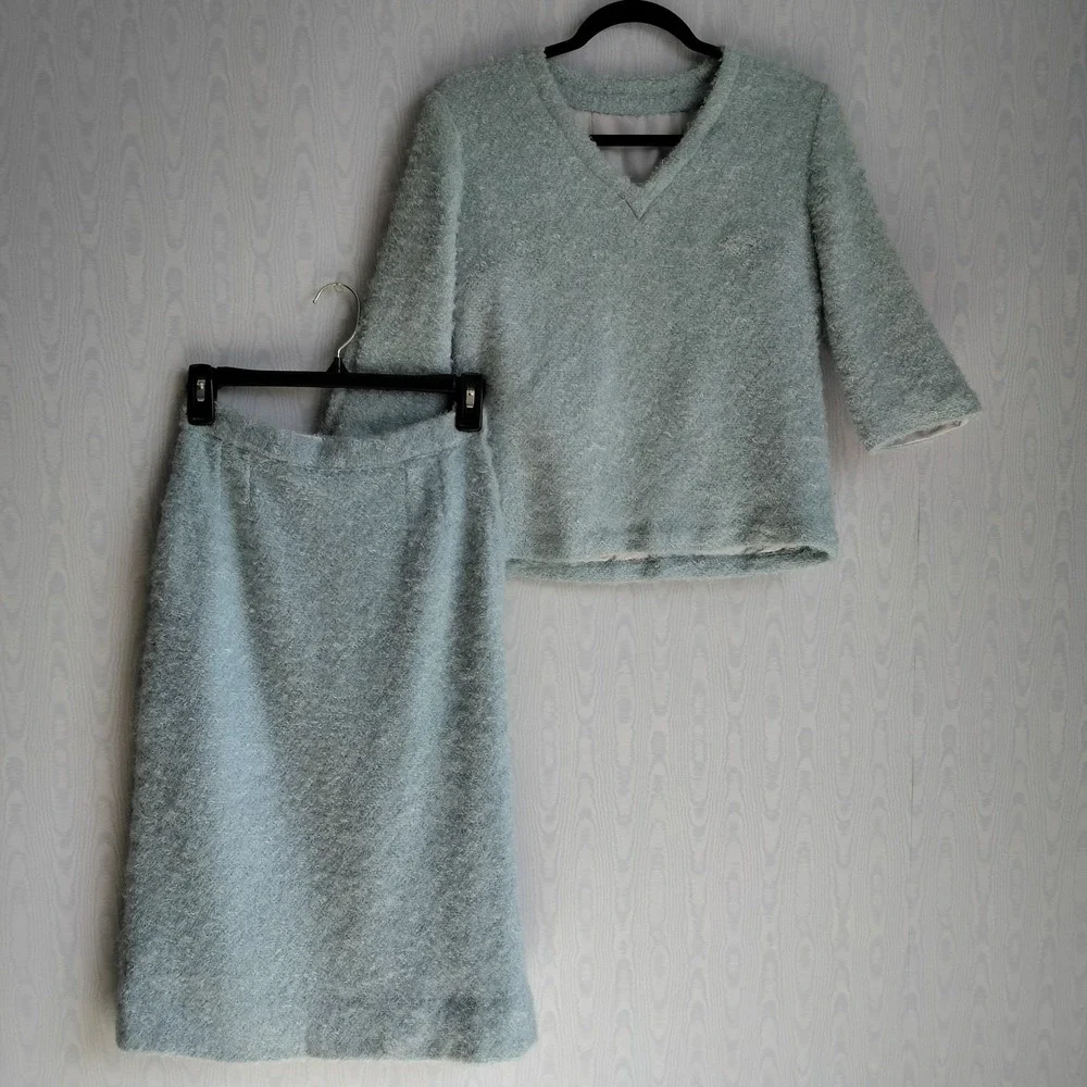 Vintage 1950s Skirt Set XS Handmade Fuzzy Light‎ Blue Pastel Jackie O Chic