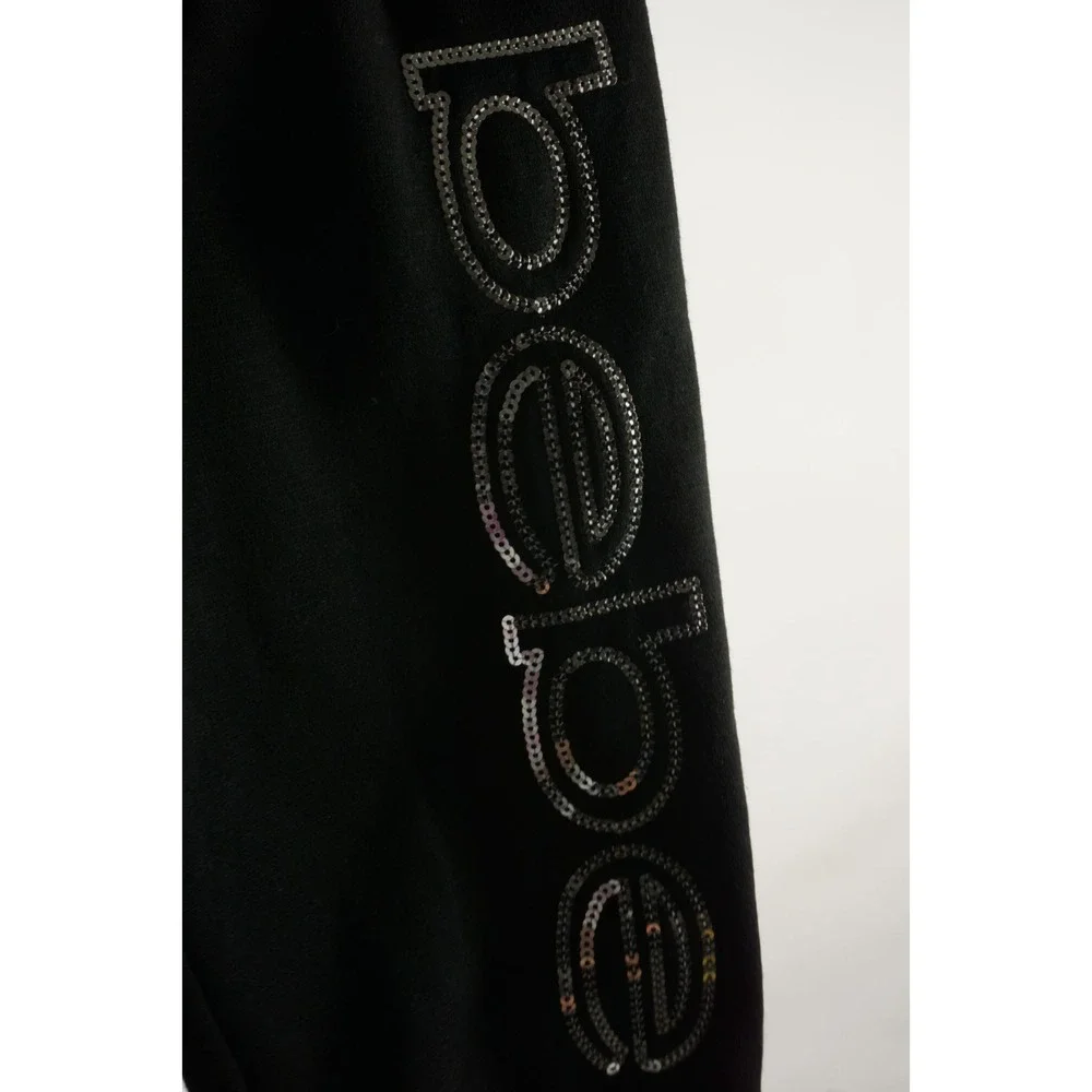 $79 Bebe‎ Sport Fleece Jogger Sweatpants Women's Large Stretch Black Silver Logo