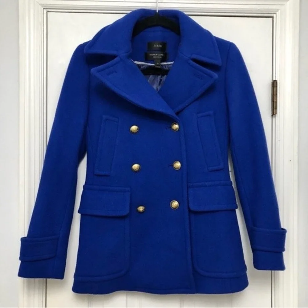 J Crew Pea Coat Jacket Majesty Stadium Cloth Royal Blue Wool Goldtone Buttons 0