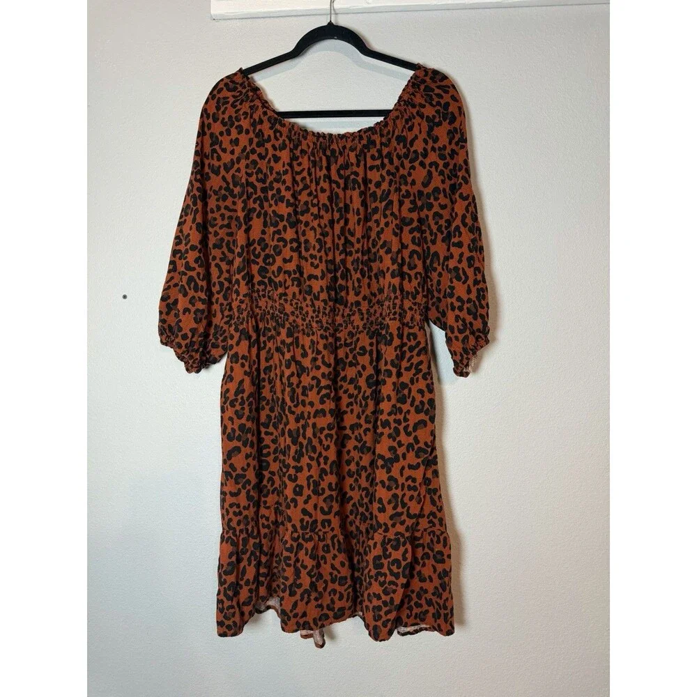 Knox Rose Smocked Leopard A-Line Dress XXL Knee Length Brown Black Cheetah
