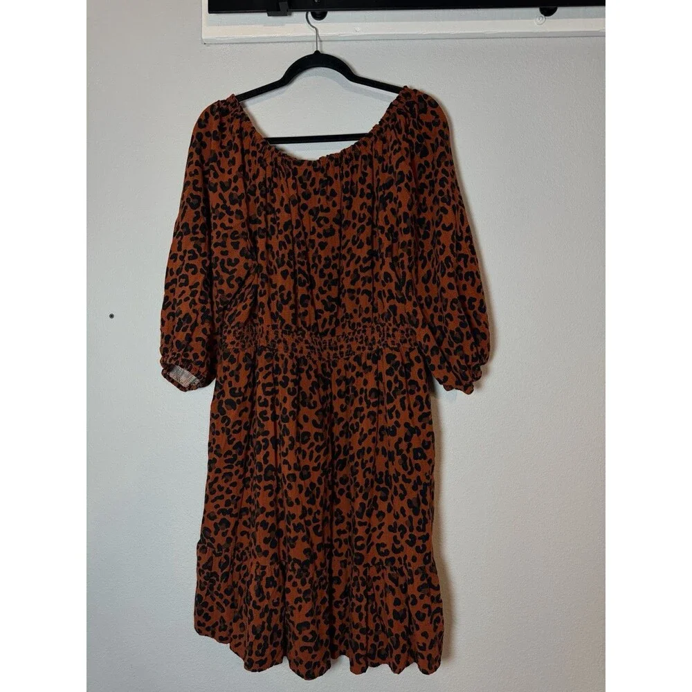 Knox Rose Smocked Leopard A-Line Dress XXL Knee Length Brown Black Cheetah
