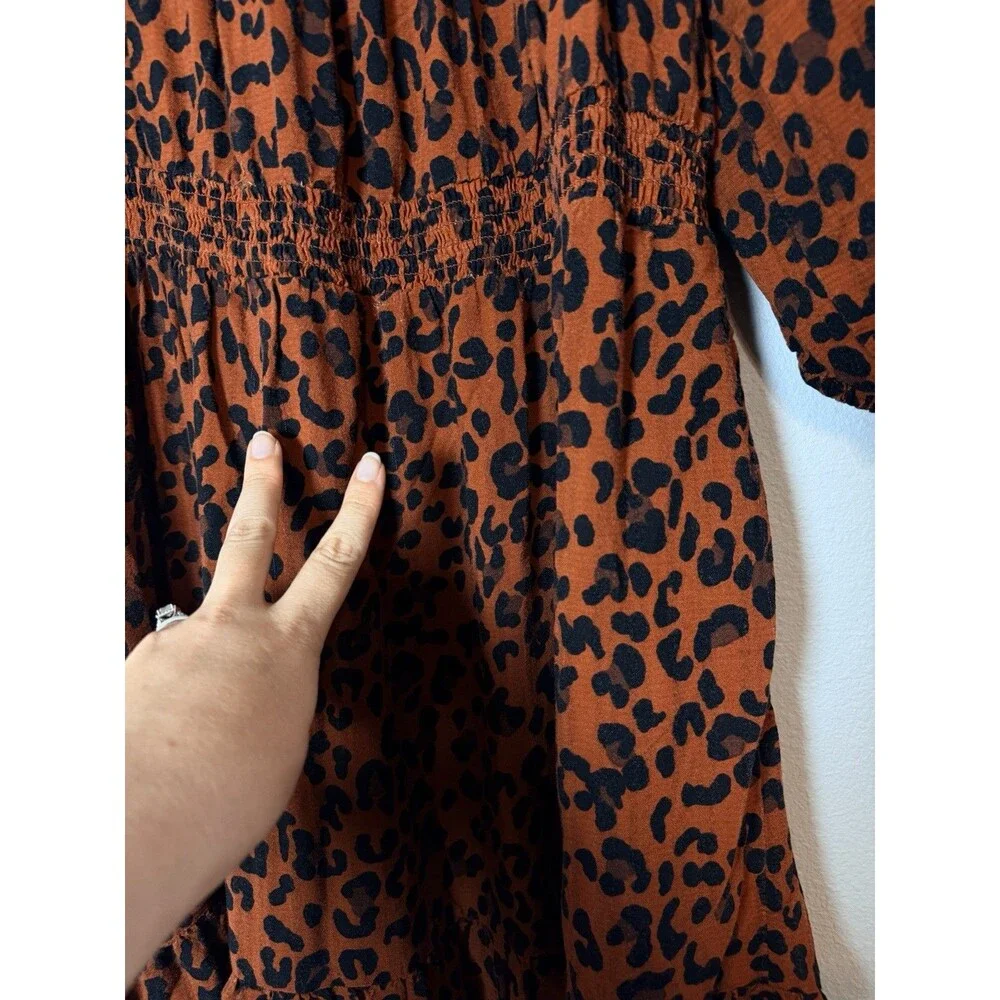 Knox Rose Smocked Leopard A-Line Dress XXL Knee Length Brown Black Cheetah