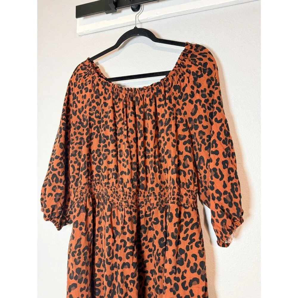 Knox Rose Smocked Leopard A-Line Dress XXL Knee Length Brown Black Cheetah