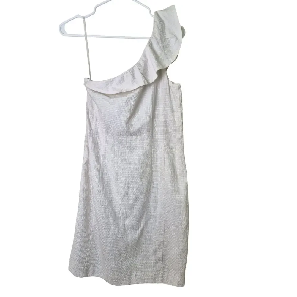 Ann Taylor Dress Sz 8 Cream One Shoulder Shift Ruffle Summer Preppy Cotton Resor