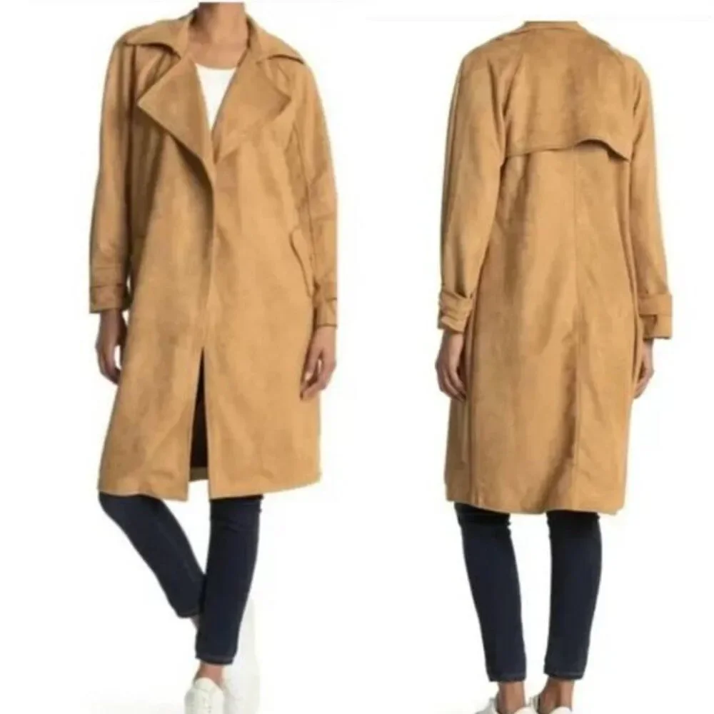 OOKIE & LALA Women's Faux Suede Trench Coat Tan Small