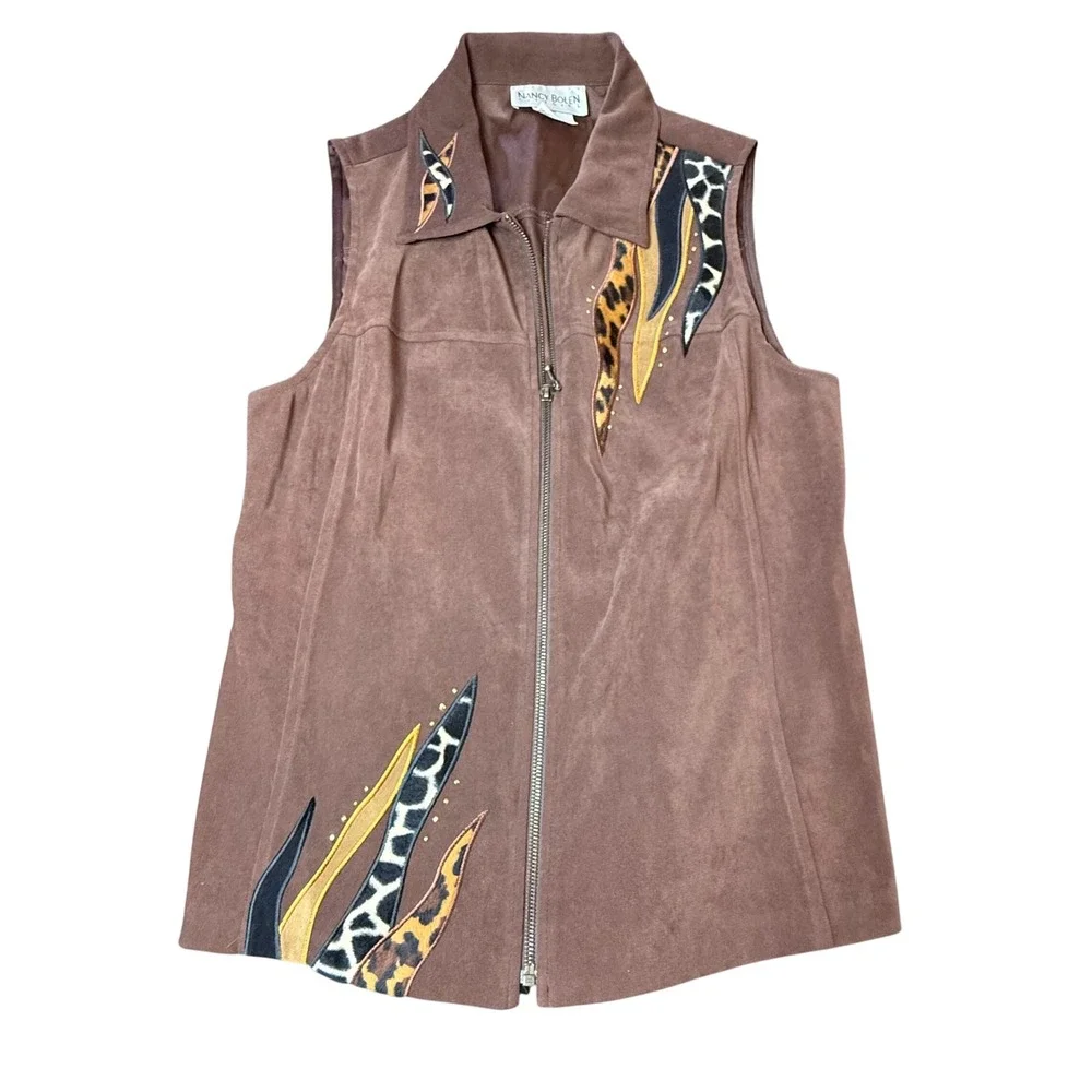 Vintage City Girl Vest Brown Faux Suede Animal Print‎ Embellished Sleeveless