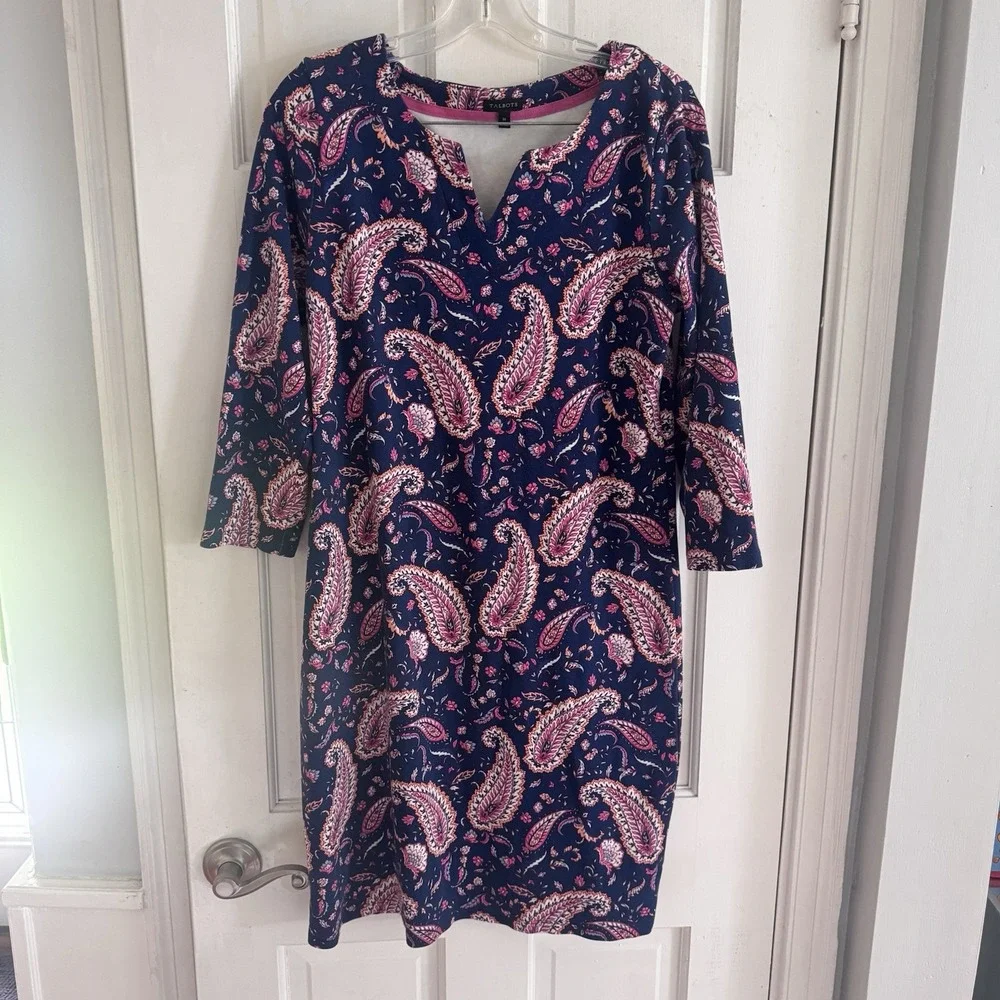 Talbots Dress Women's Sz‎ M Blue Pink Paisley Split Neck 3/4 Sleeve Lounge