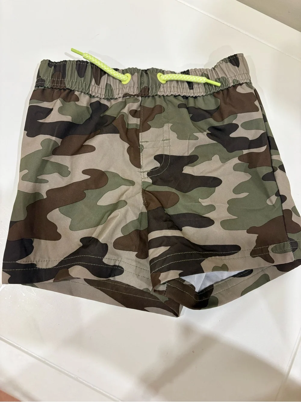 wonder nation Olive Green Camo Swim Shorts with Neon Yellow Drawstring