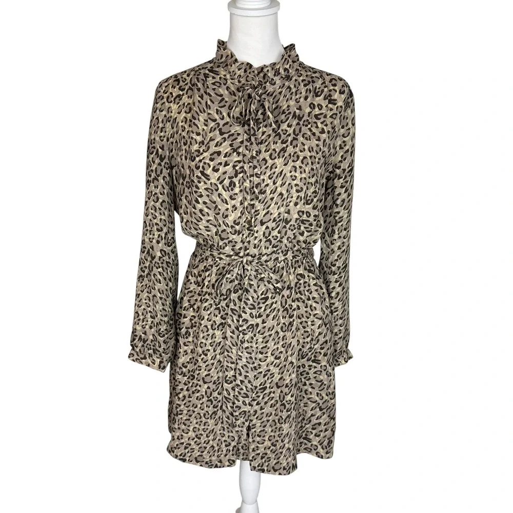 LOFT Leopard Print Ruffle Neck Tie Waist Long Sleeve Mini Dress Brown Tan 12