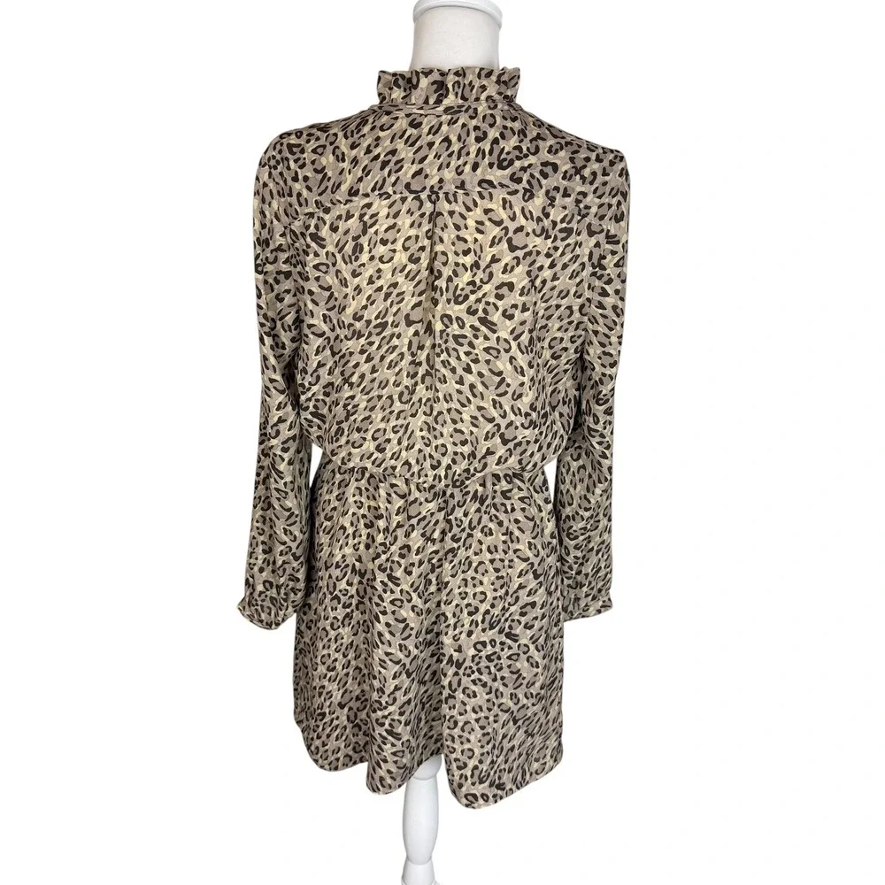 LOFT Leopard Print Ruffle Neck Tie Waist Long Sleeve Mini Dress Brown Tan 12