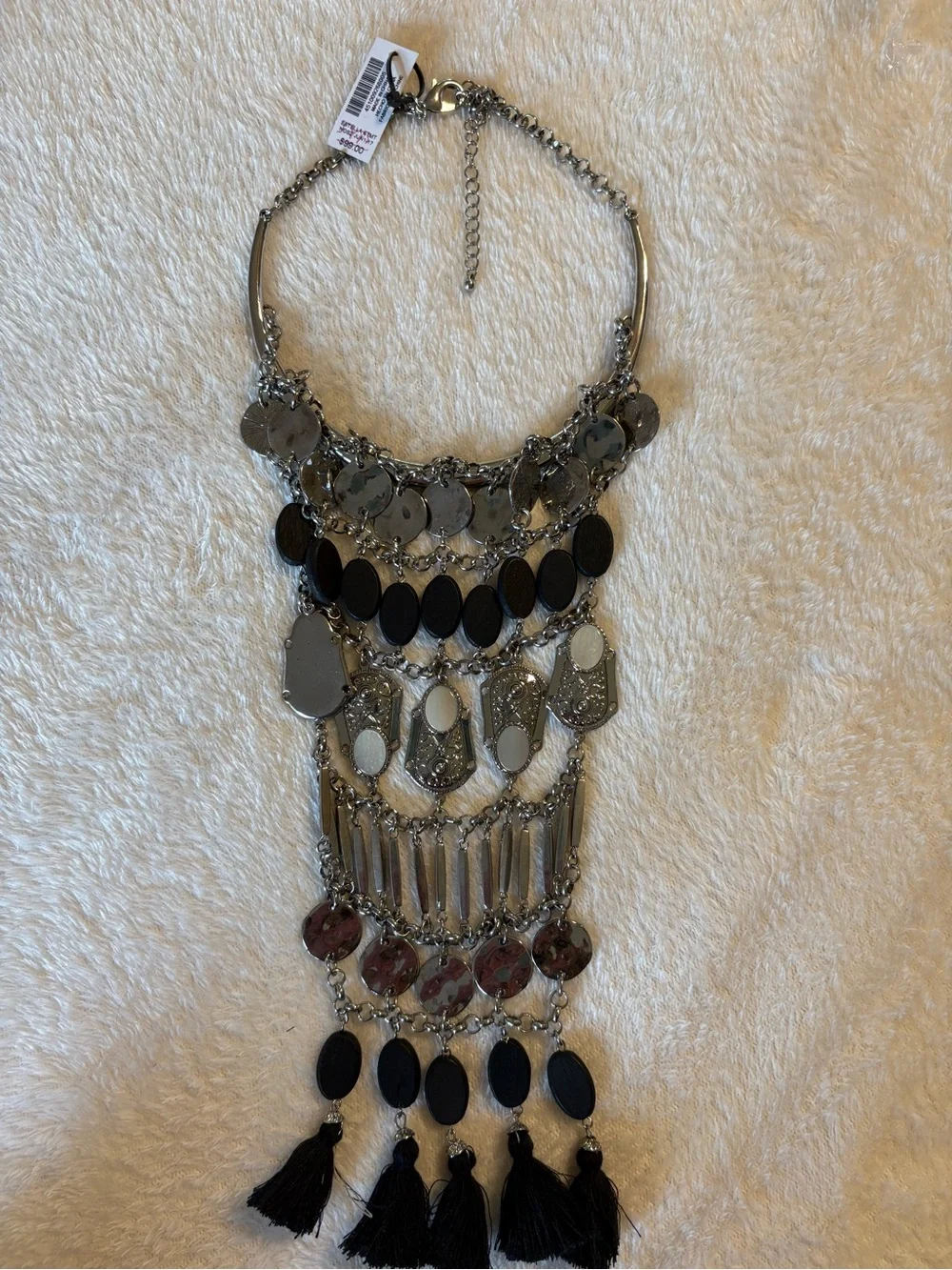 Chico's Silver and Black Layered Tassel Bib Necklace