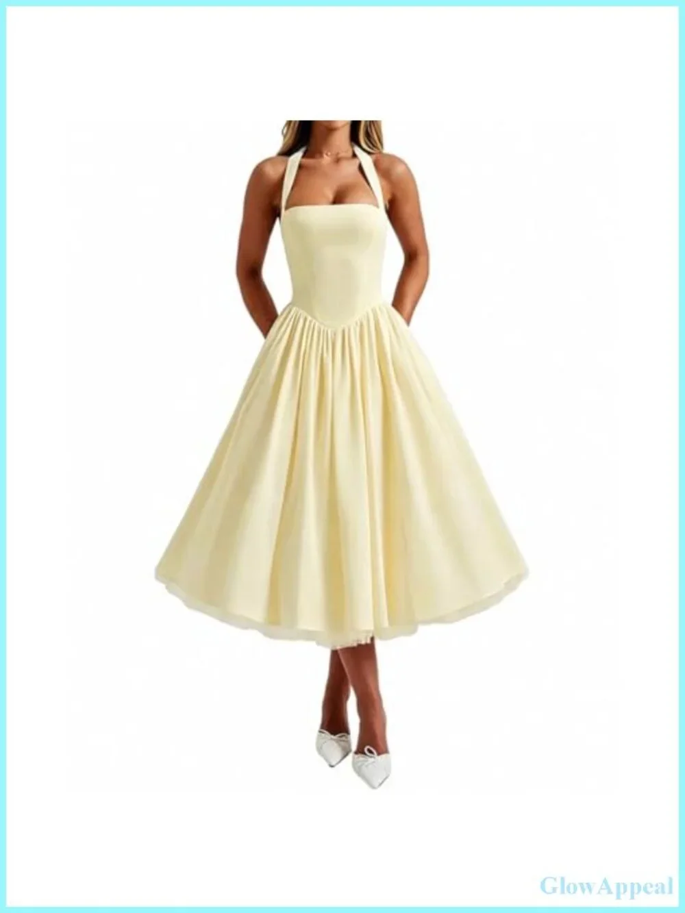 Halter Low Cut Sleeveless A Line Tulle Swing Flowy Tea Length Corset Prom