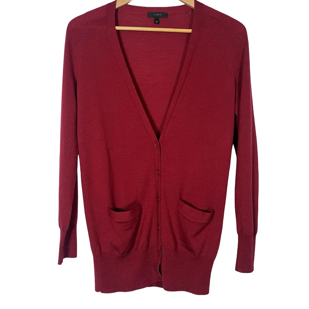J Crew‎ Sweater Cardigan Womens XS Red 100% Merino Wool V Neck Pockets Buttons