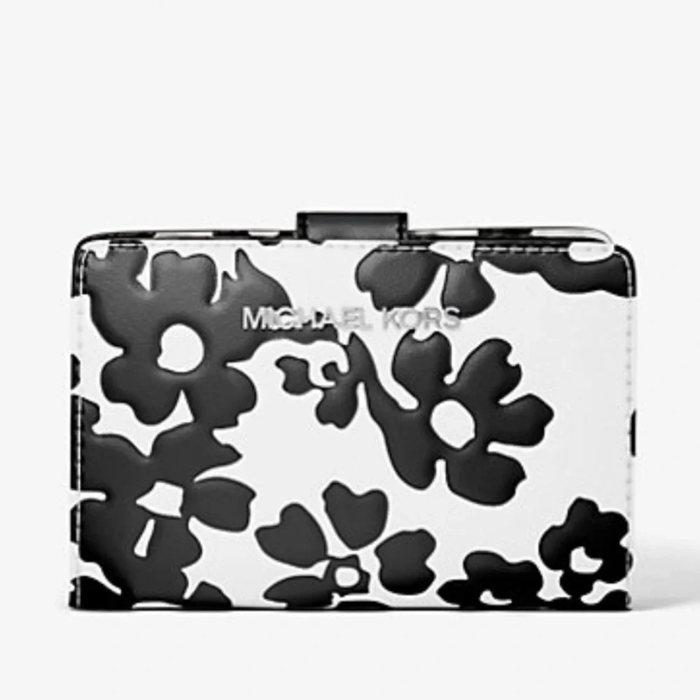 Michael Kors Jet Set Medium Floral Print Bi-Fold Wallet Black  NWT