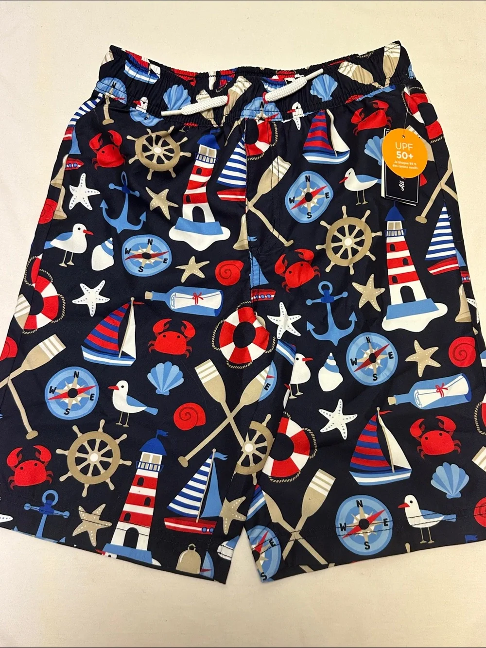 Gymboree Boys Navy Swim Trunks with Red, Blue and White Nautical Print