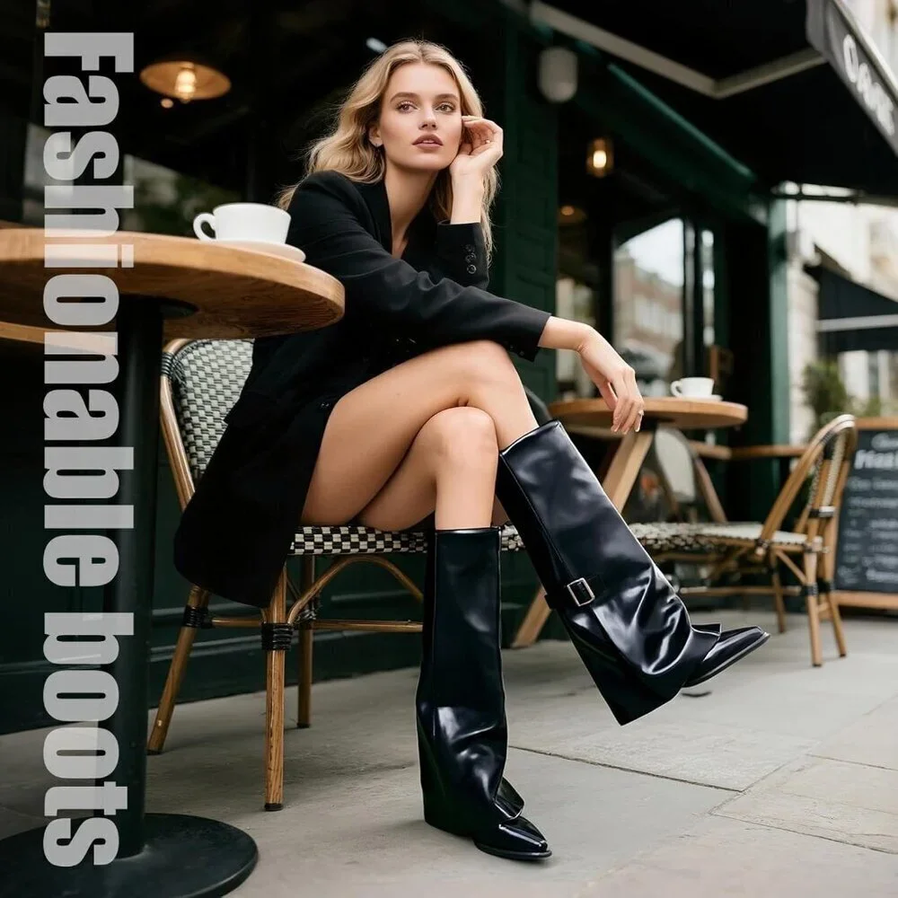 Women's Burgundy Fold Over Pointed Toe Kitten Heels Wide Calf Minimalist Boots