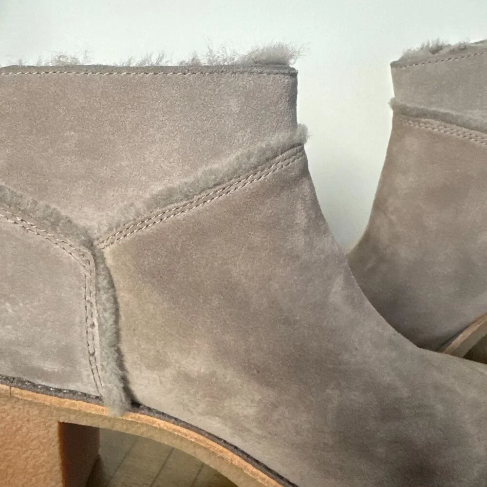 UGG Suede Shearling Ankle Boots Women's 11 Gray Taupe Block Heel Booties