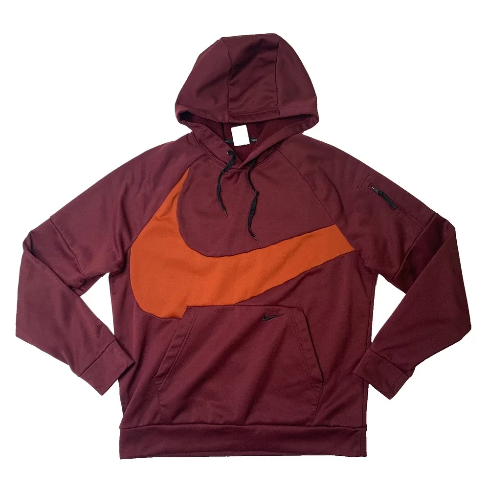 Nike Hoodie Mens L Large Burgundy Therma Fit Big Swoosh Fleece Lined Sweatshirt