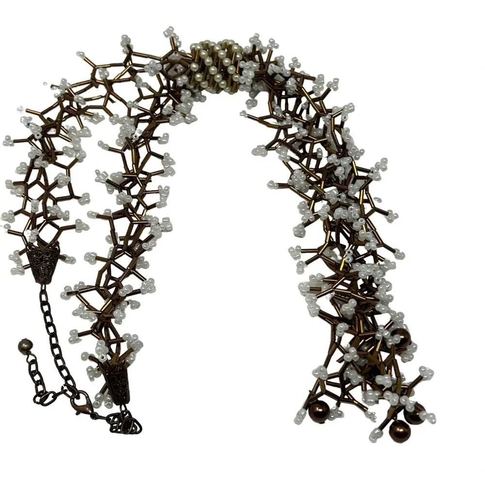 Copper Tone Necklace White‎ Beads Tube Atom Pendant Knot Unique