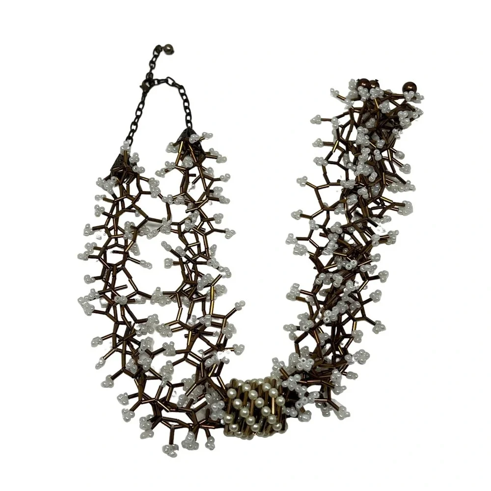 Copper Tone Necklace White‎ Beads Tube Atom Pendant Knot Unique
