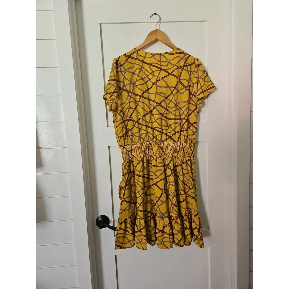 Michael Kors Yellow Gold Chain Print Dress Women's XL V-Neck Smocked Waist Ruffl