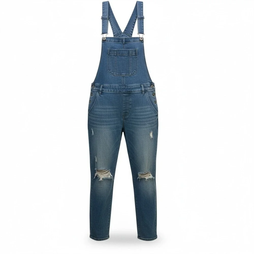 Style & Co Womens Medium Wash Distressed Denim Overalls‎ Skinny Leg Size M Blue