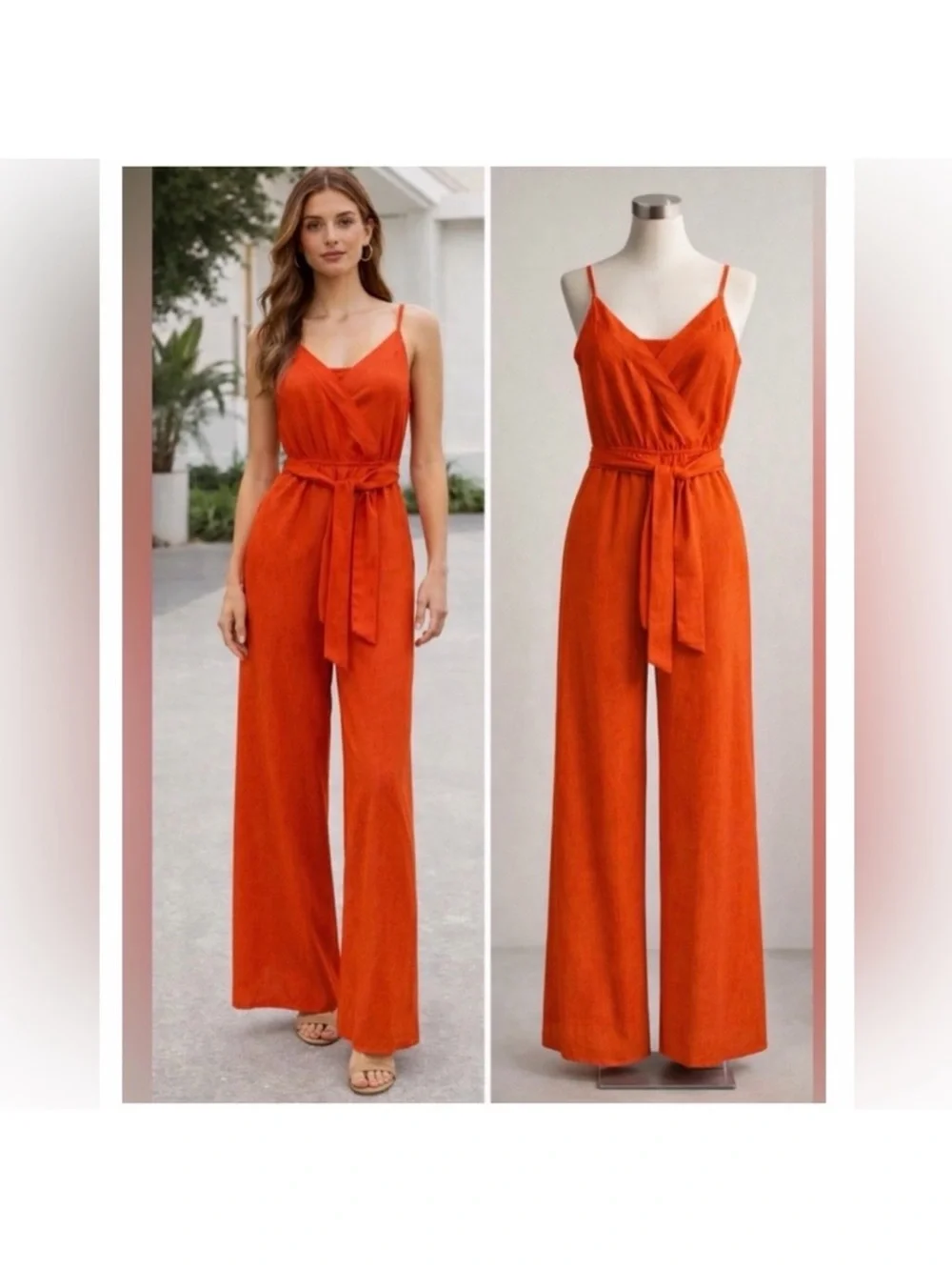 Flying Tomato Vibrant Orange Sleeveless Wide-Leg Jumpsuit with Tie Waist