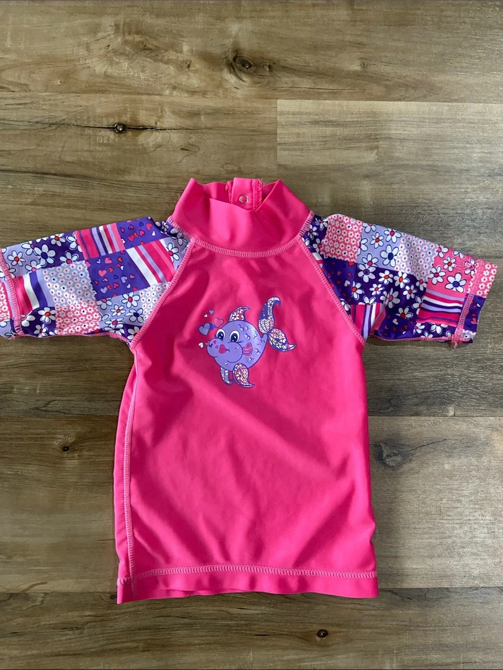 Kids Pink Short Sleeve Rash Guard Swim Top with Purple Patchwork Sleeves
