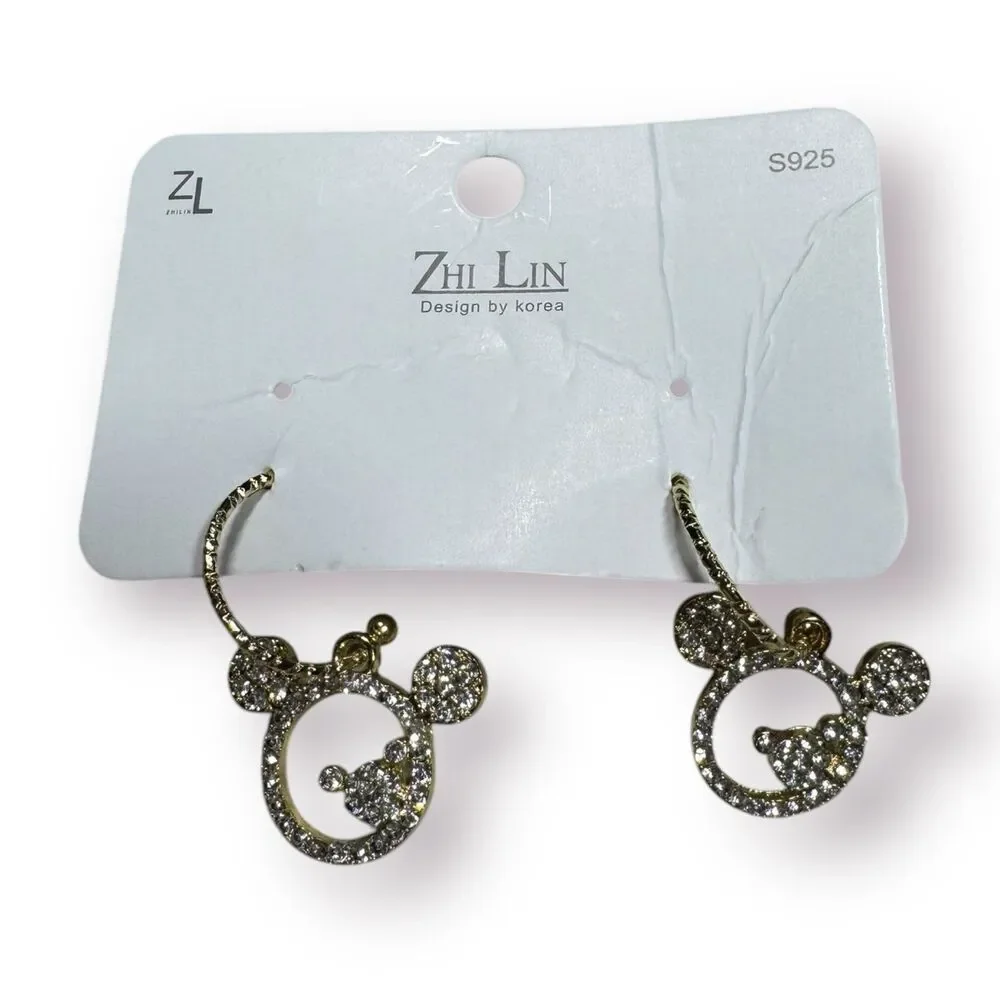 Zhi Lin Disney Gold Crystal Mickey Mouse Earrings Rhinestones‎ BNWT