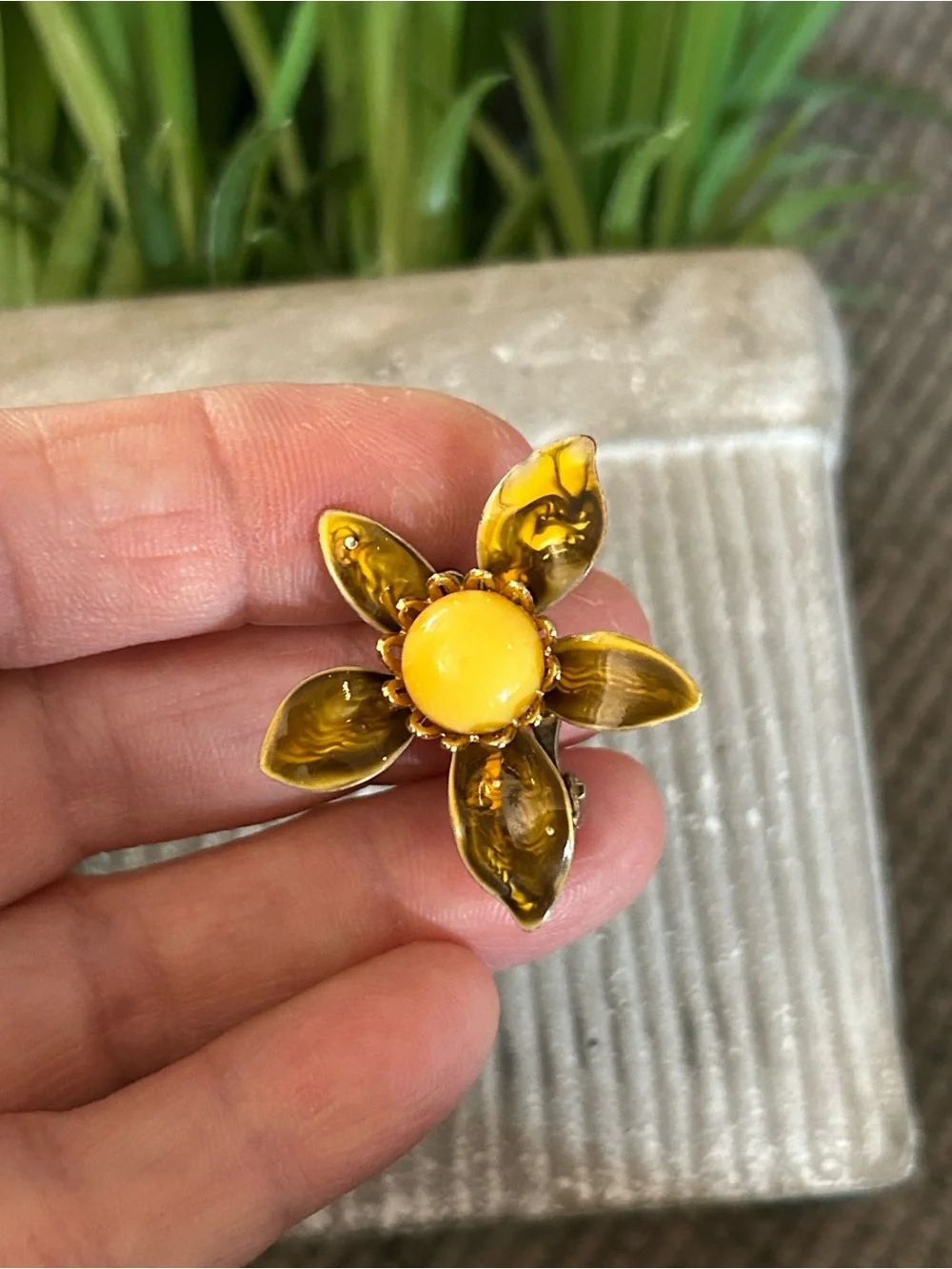 Vintage Yellow Flower Clip-On Earrings amber colored petals unique