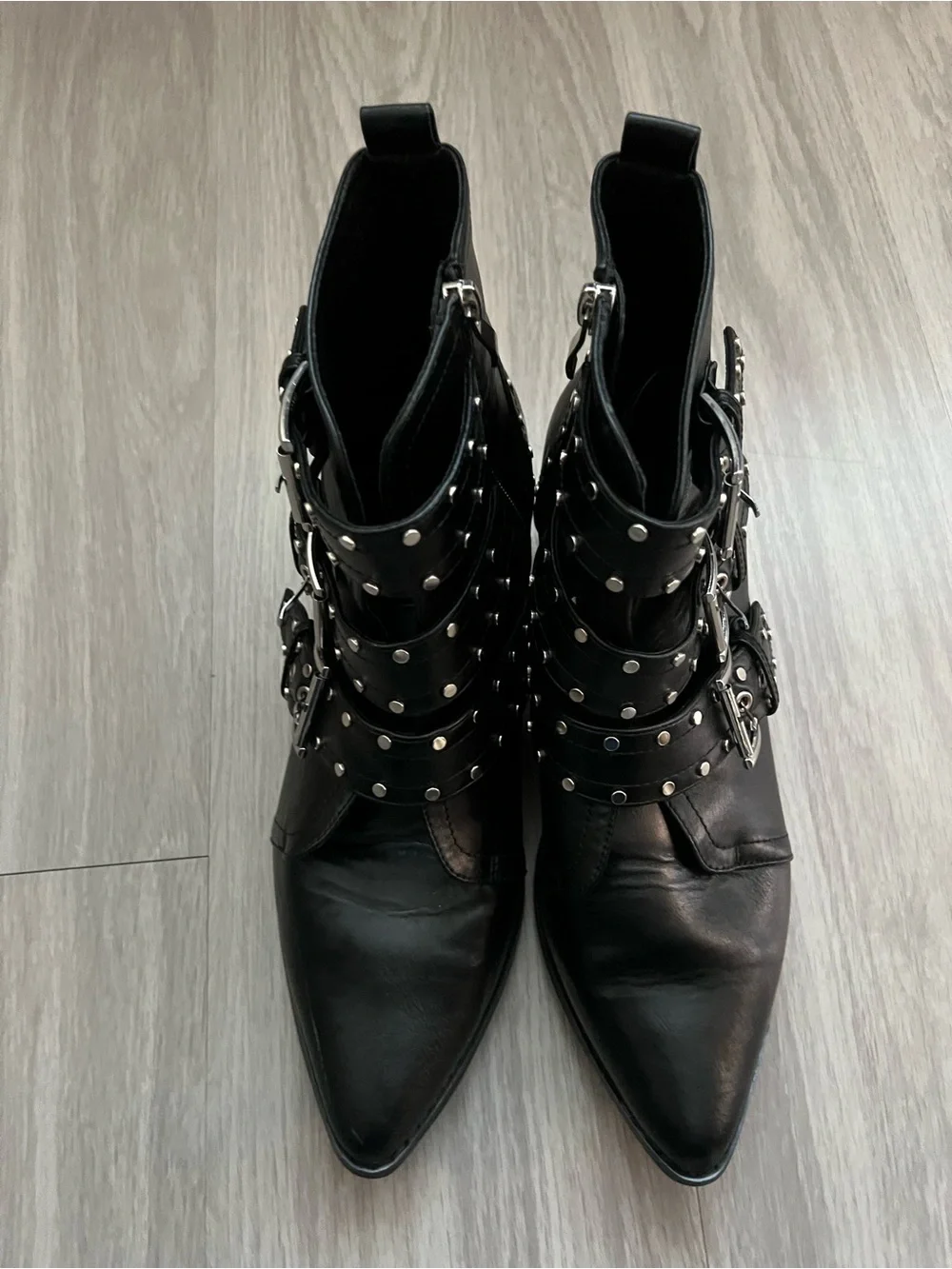 City Chic Zeta Studded Buckle Moto Western Ankle Boots Black Pointed Toe EU 42
