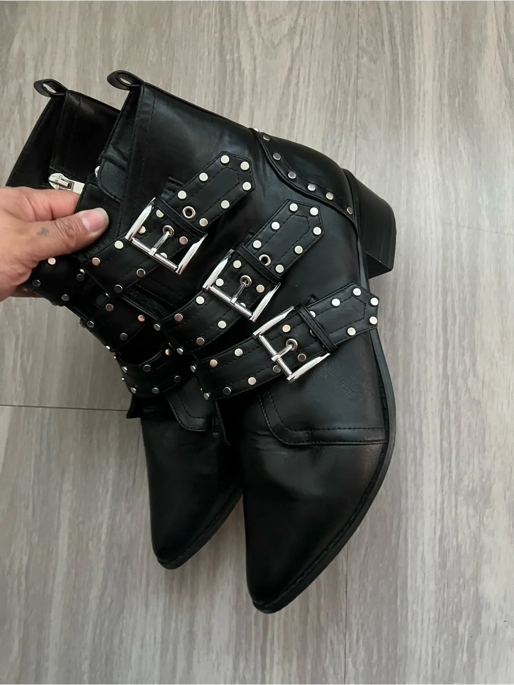 City Chic Zeta Studded Buckle Moto Western Ankle Boots Black Pointed Toe EU 42