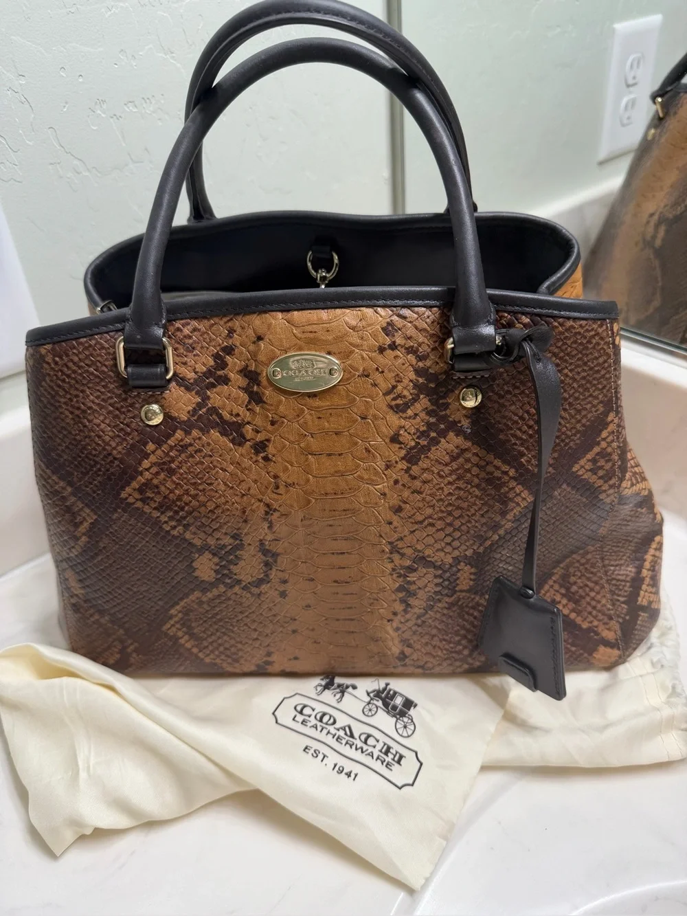 Coach Brown Snake-Print Leather Satchel with Dark Brown Trim
