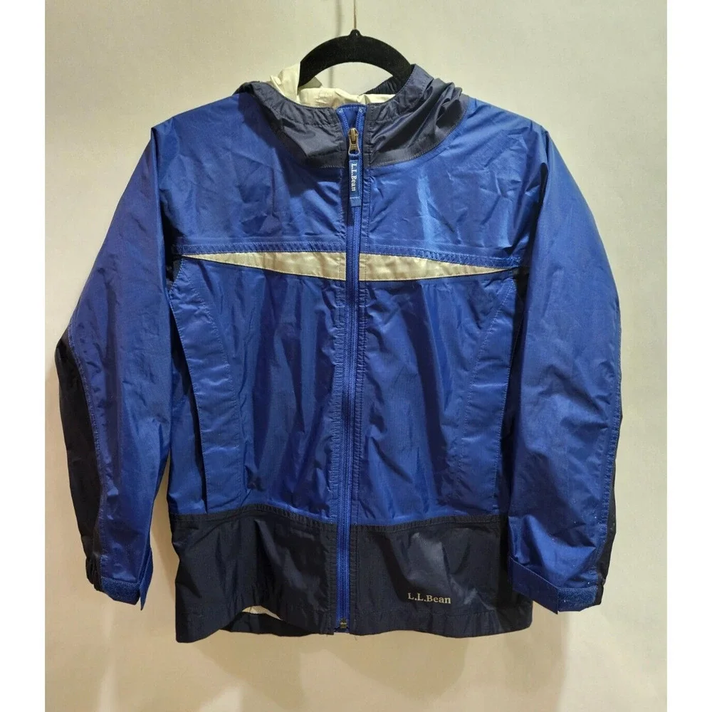 LL Bean Medium 10-12 Kids Hooded Windbreaker Jacket Front Zip Navy