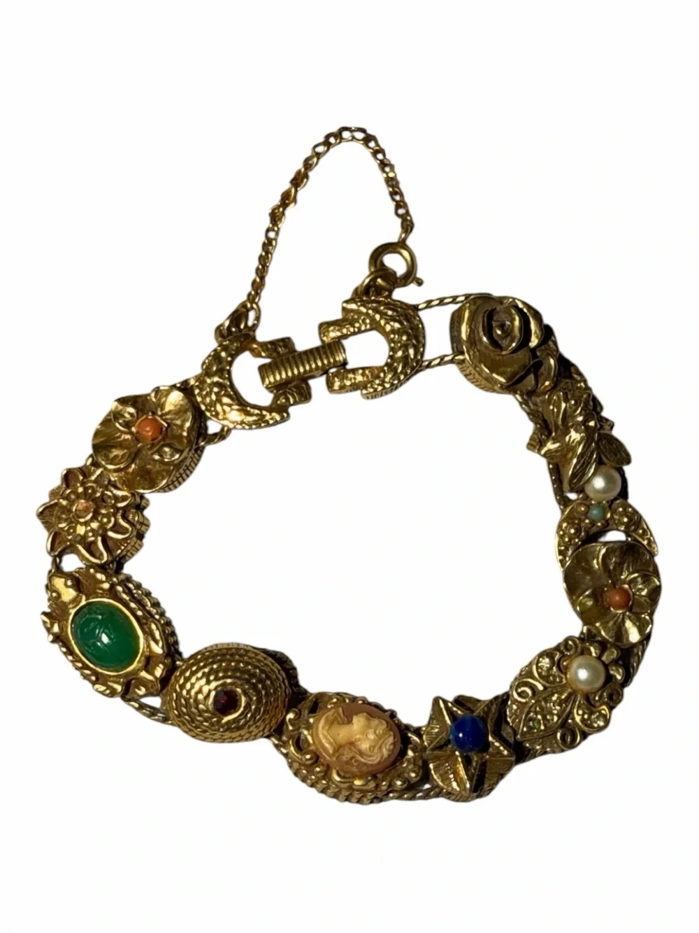 Gold-Tone Multistone Floral Link Bracelet - Green, Blue, Coral, Pearl Accents