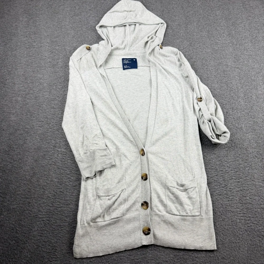 American Eagle Outfitters Gray Hooded Cardigan Sweater Women's M‎ Medium Button