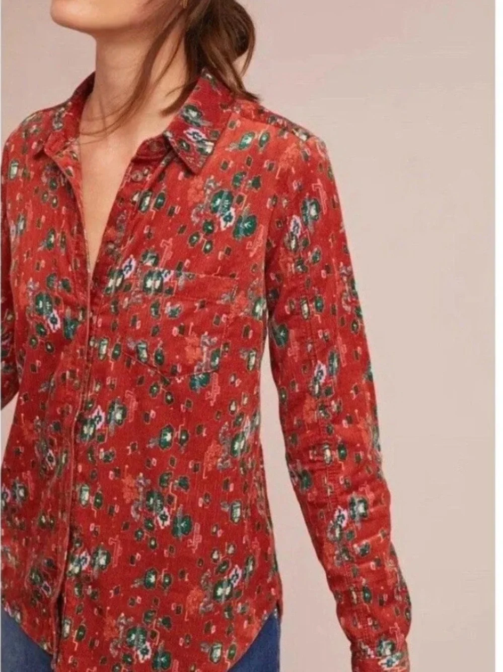 Anthropologie size 6 Corduroy Red-Orange Print Long Sleeve Buttondown Shirt Top